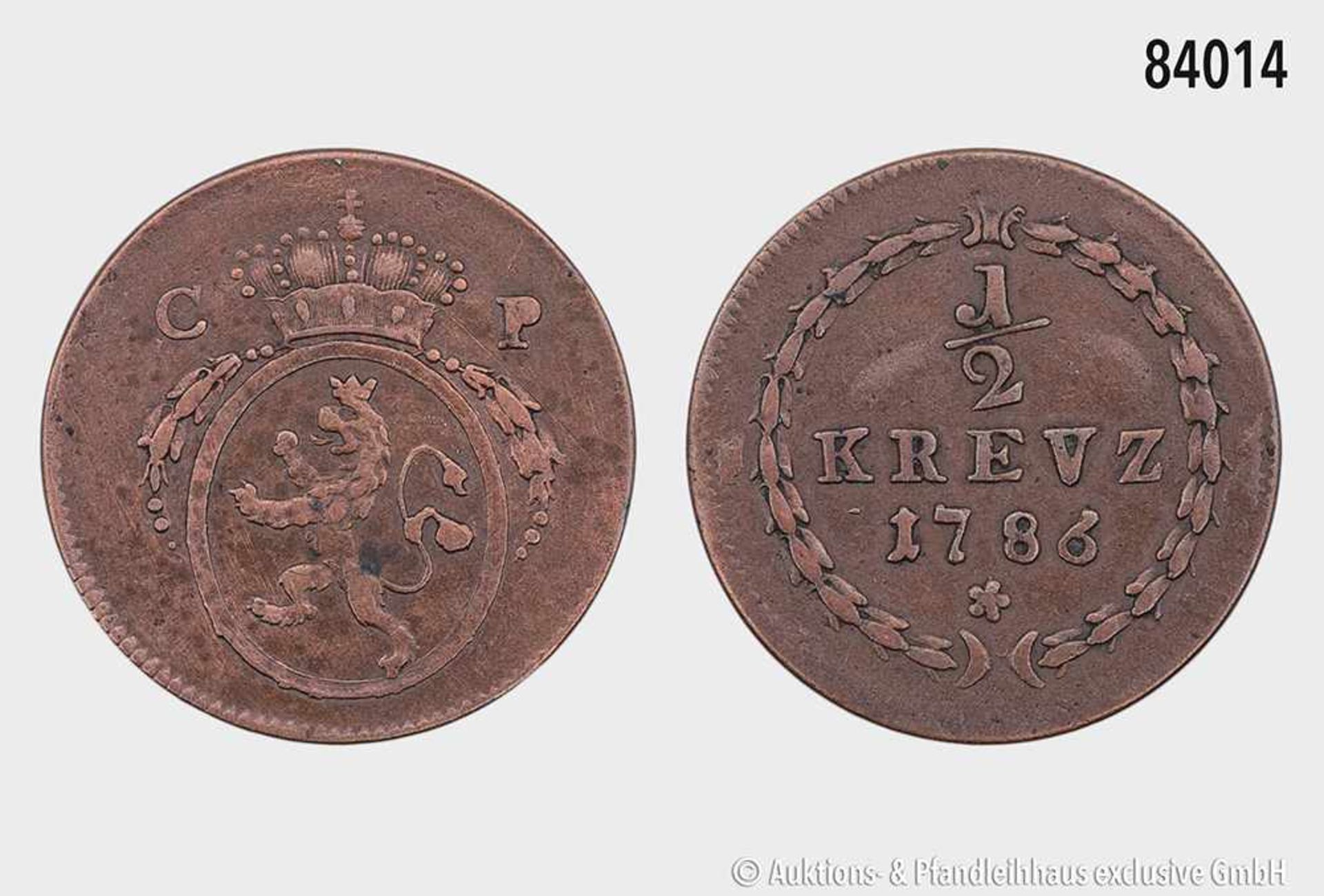Mannheim Pfalz, Kurlinie Karl Theodor (1743-1799), 1/2 Kreuzer 1786. 3,90 g; 24 mm. Slg. Noss 456;