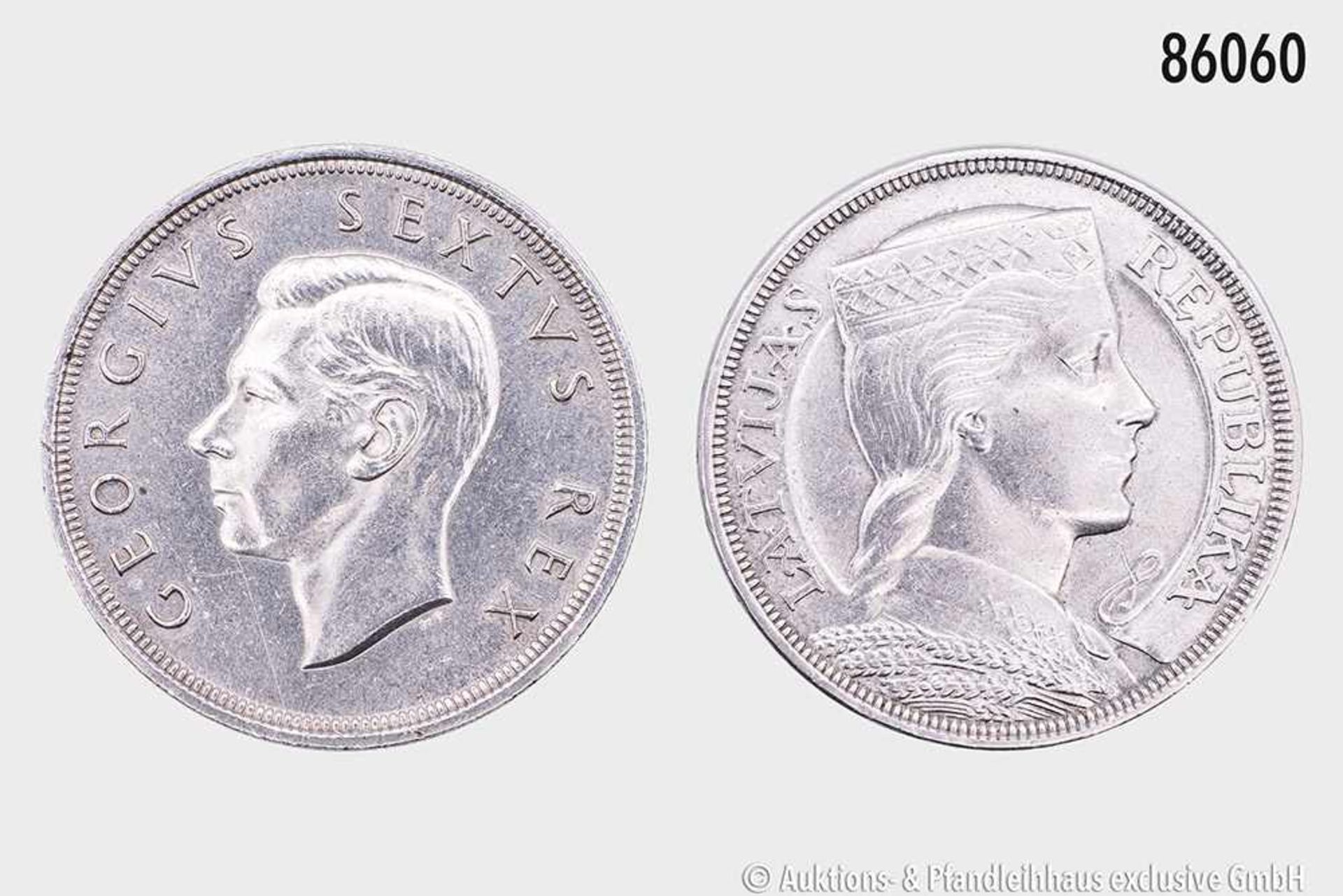 Konv. von 2 verschiedenen Silbermünzen: Südafrika, George VI. (1936-1952), 5 Shillings 1949. 800er