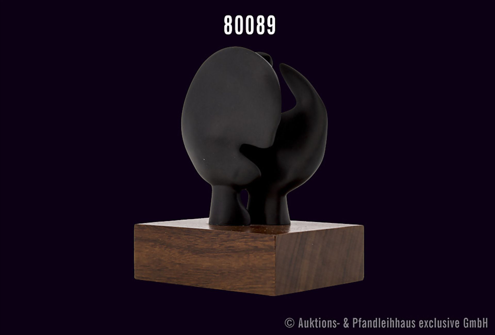 Rosenthal Porzellan, Skulptur von Henry Moore, Titel "Moonhead", schwarzes Porzellan auf Holzsockel,
