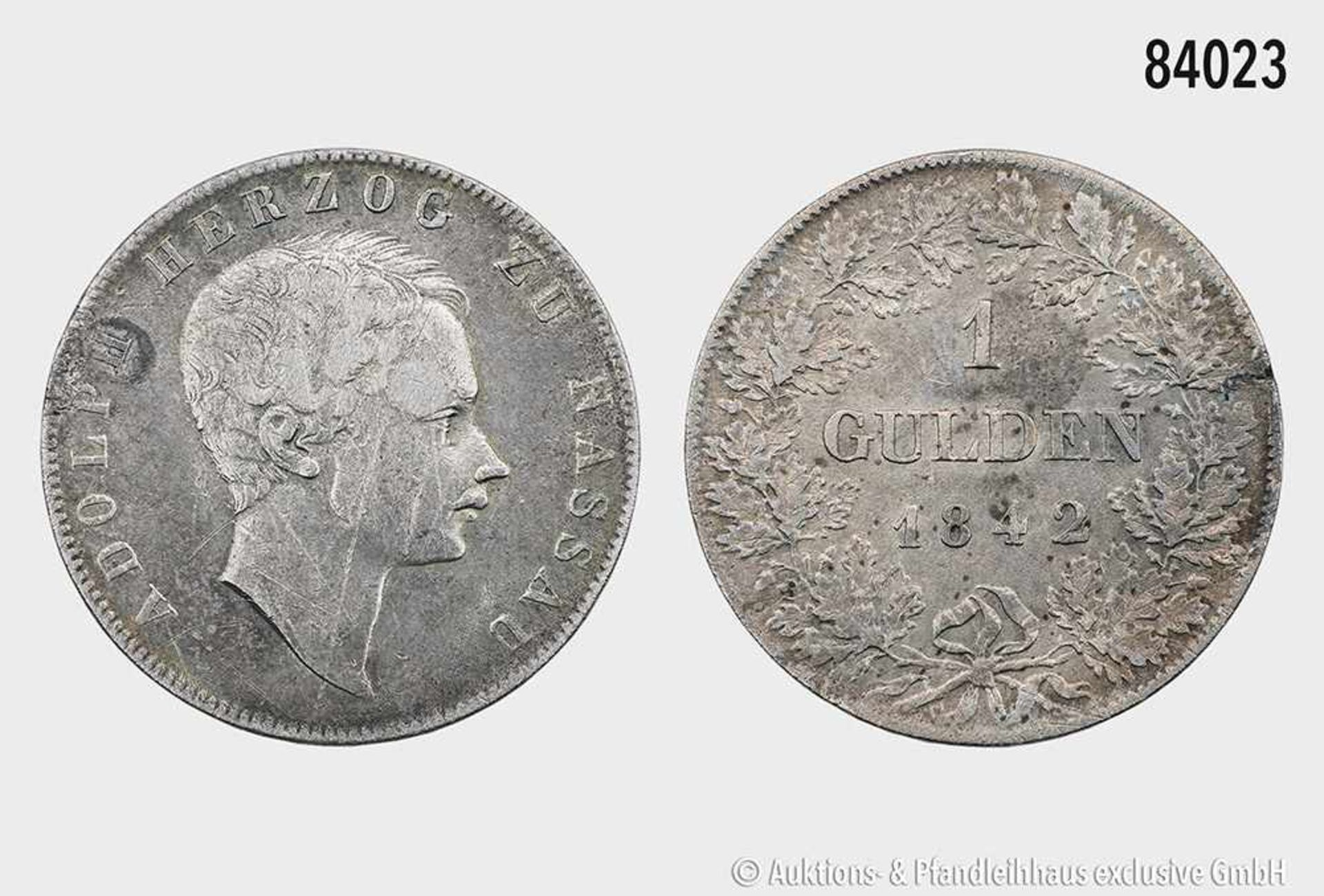 Herzogtum Nassau, Adolph (1839-1866), 1 Gulden 1842. 10,47 g; 30 mm. AKS 65; Jaeger 49. Besserer