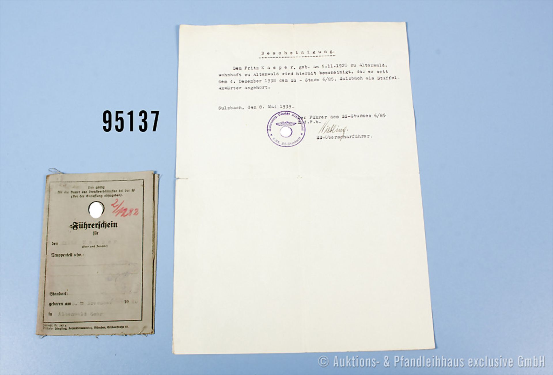 SS-Führerschein, ausgestellt 1941 sowie Zugehörigkeitsbescheinigung zum SS-Sturm 6/85 Sulzbach 1939,