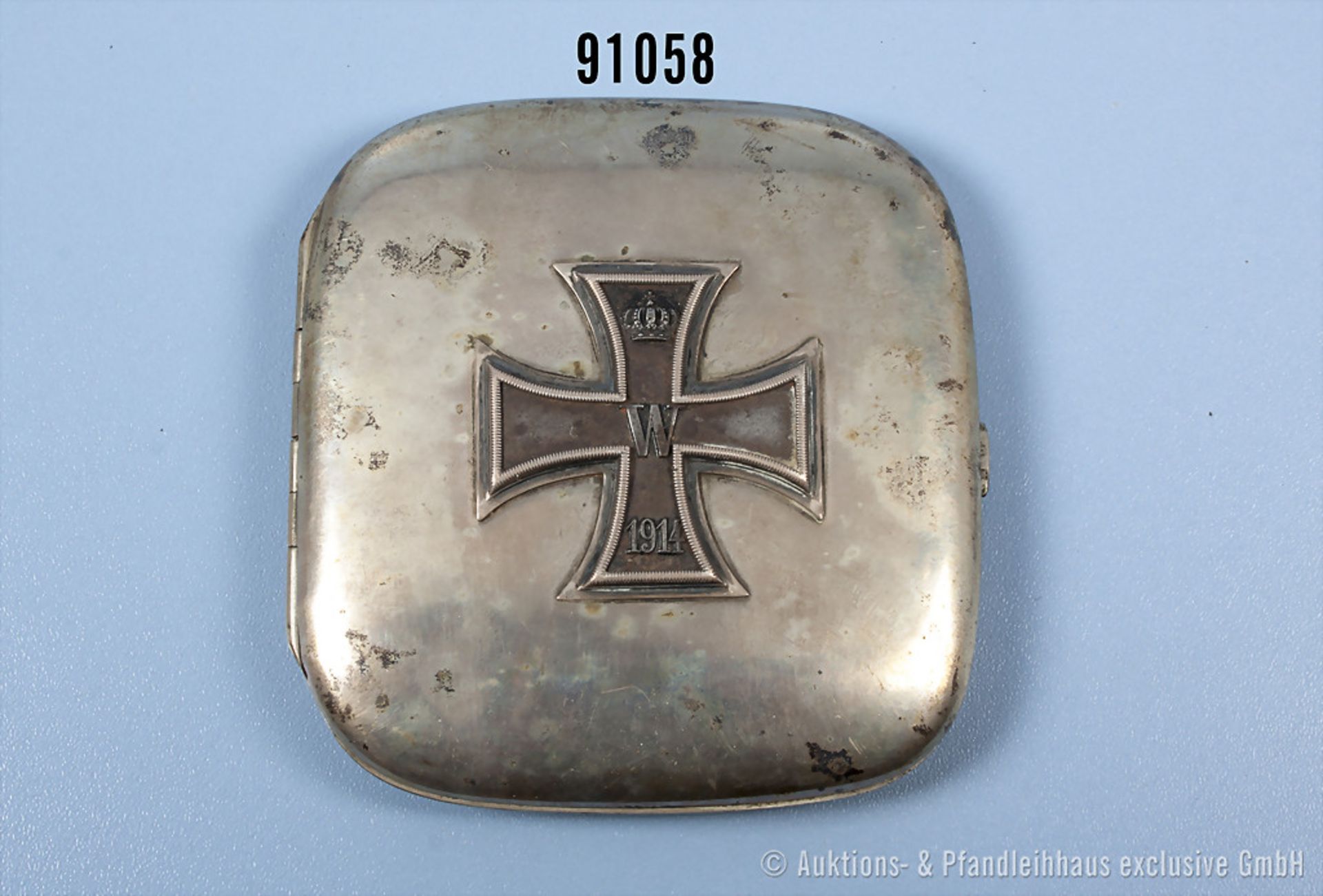 Silbernes Zigarettenetui 1. WK, mit aufgelegtem EK 1 1914 (Kern magnetisch), innen mehrere gravierte
