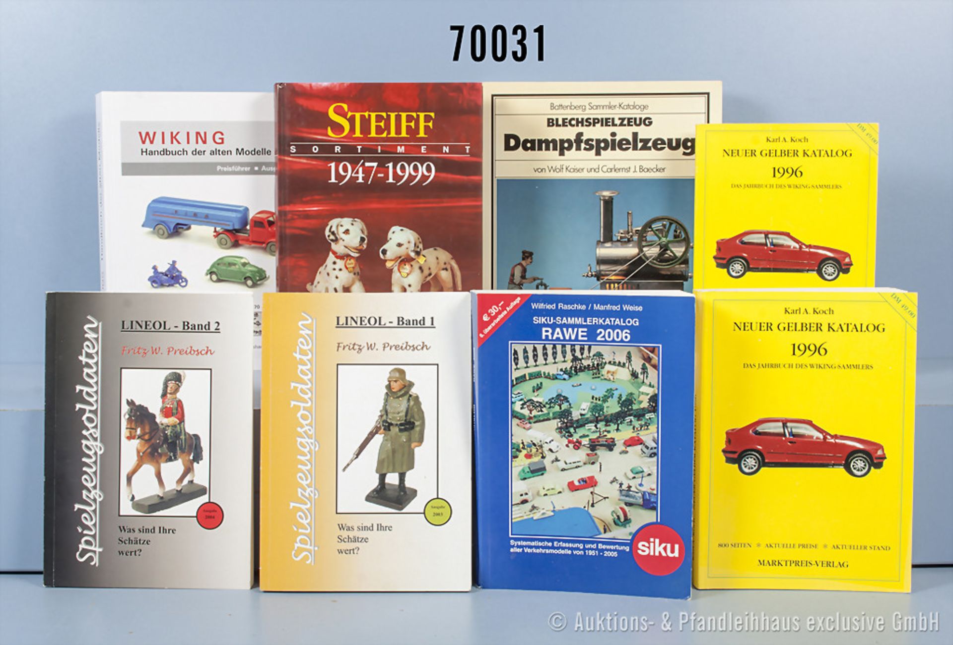 Konv. 8 Fachbücher, 2 x "Neuer Gelber Katalog 1996", "Steiff Sortiment 1947 - 1999", "