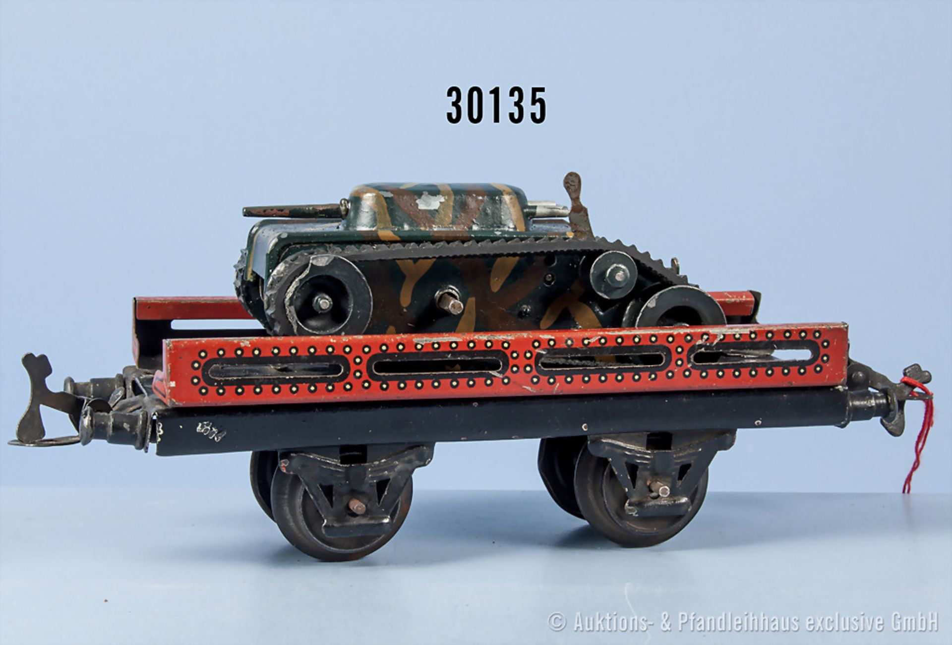 Bub Spur 0 985 Plattformwagen mit Panzer als Ladung, chromlith. Blechausf. 2-A, L 16,5 cm, Zustand