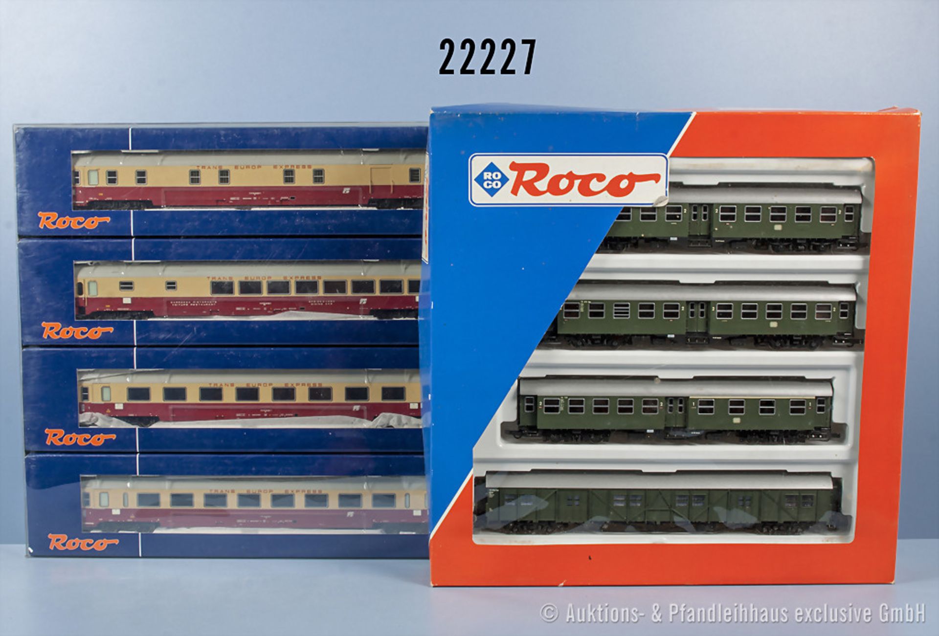 Konv. 2 Roco H0 Wagenset mit insg. 5 D-Zug Personenwagen, 1 Speisewagen, 1 Generatorwagen und 1