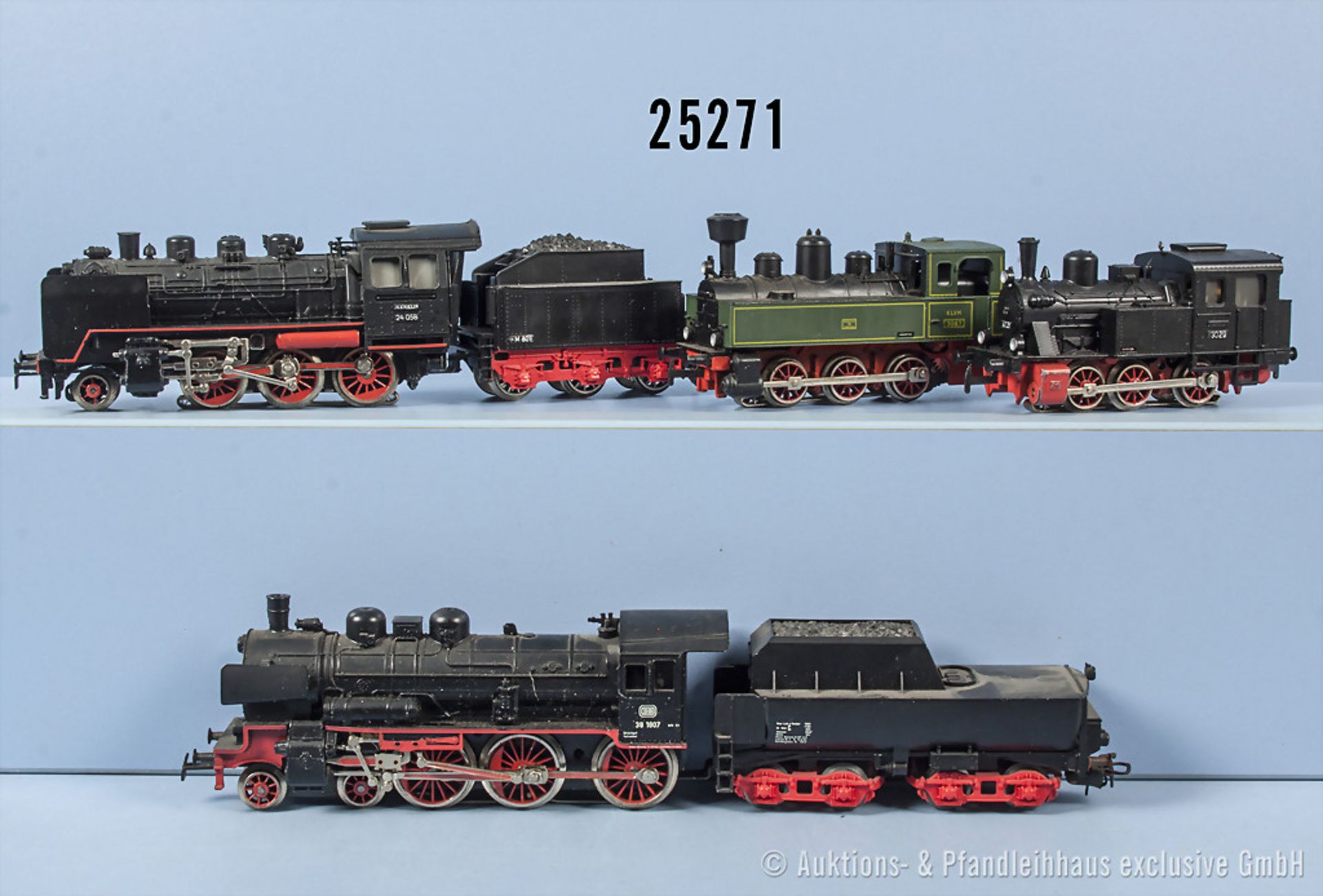 Konv. 4 Märklin H0 Lokomotiven, dabei Schlepptenderlok der DB, BN 38 1807, Achsfolge 2'C, Tender 4-
