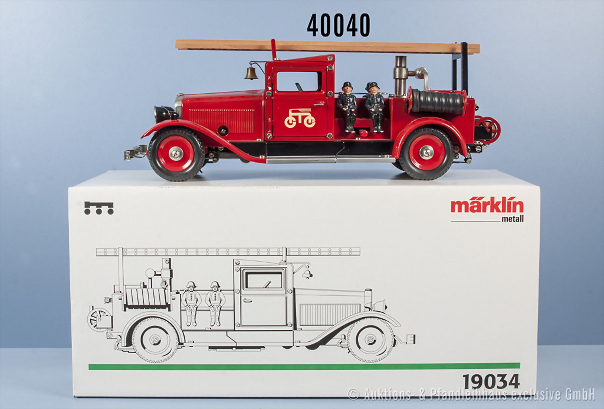 Märklin 19034 Feuerwehrauto Spritzenwagen, Uhrwerkantrieb, elektrische Fahrscheinwerfer, rot lack.
