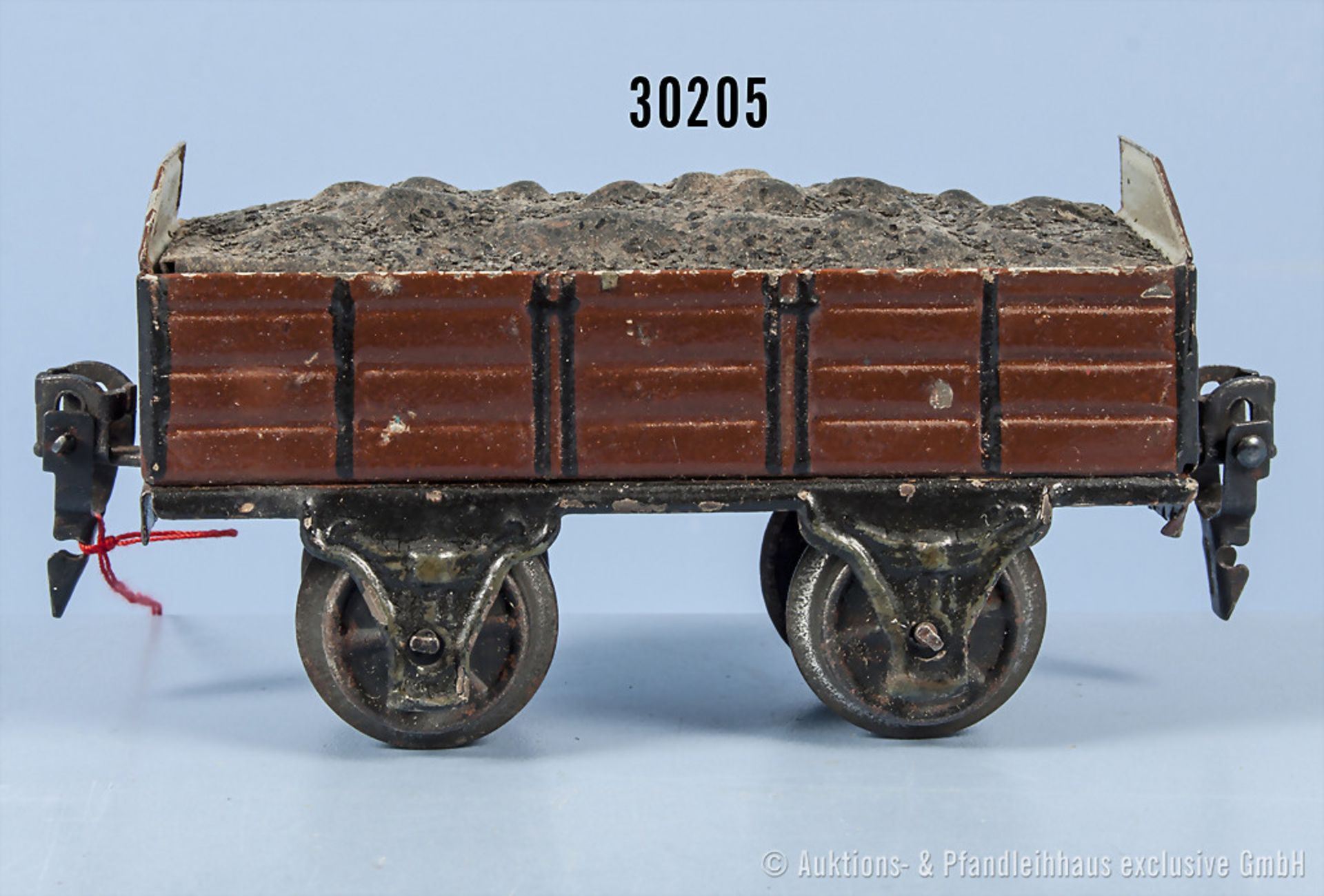 Märklin Spur 0 1920 Hochbordwagen mit Kohleladung, lack. Blechausf., 2-A, L 11 cm, Zustand 2,