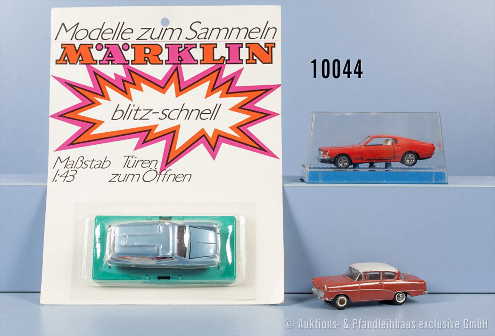 Konv. 3 Modellfahrzeuge, dabei Tekno Opel Rekord, Inter-Cars Ford Mustang und Märklin 1805 VW