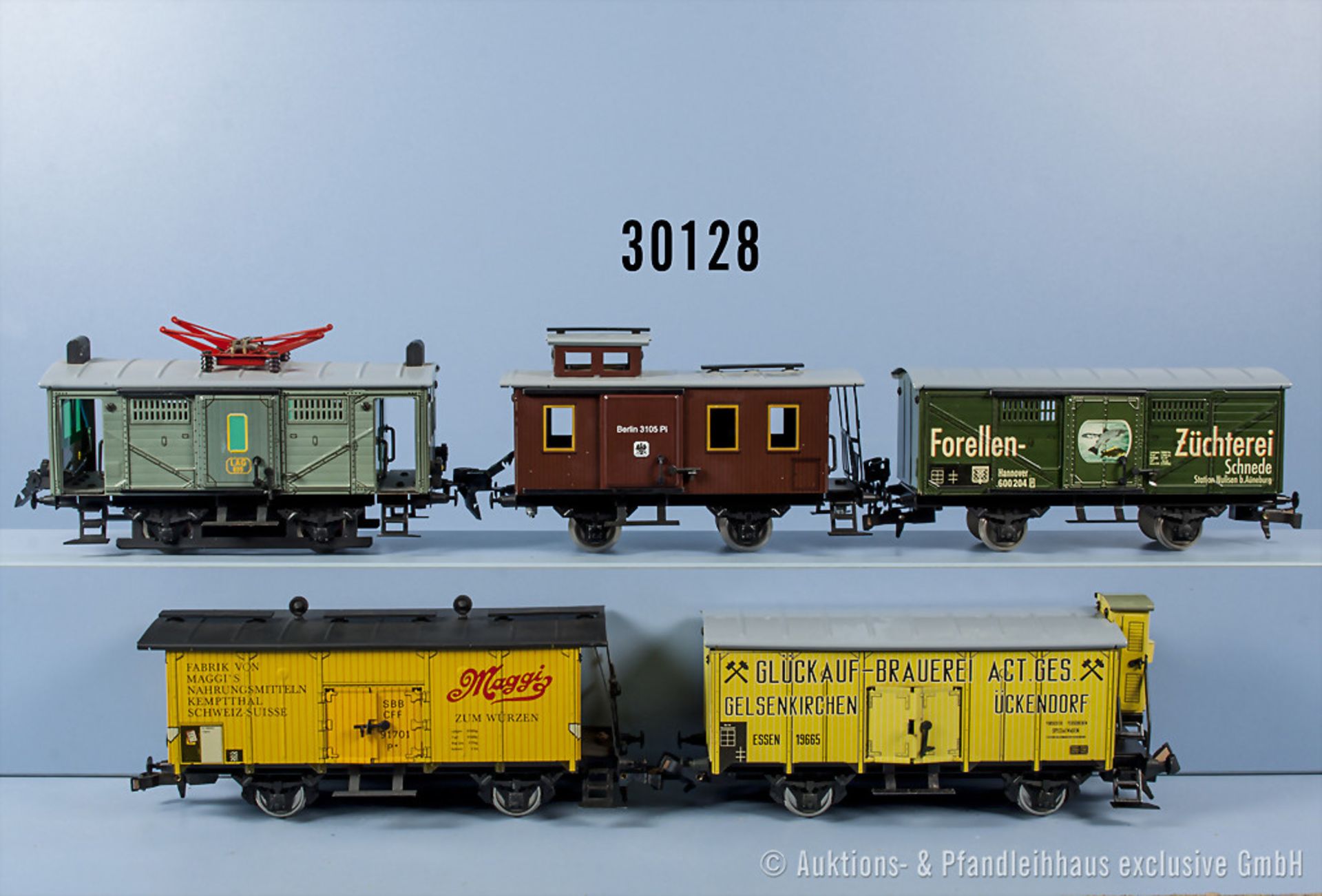 Konv. ETS Spur 0 Güterzug, dabei E-Lok der LAG, BN 895, 3 gedeckte Güterwagen und 1 Gepäckwagen,