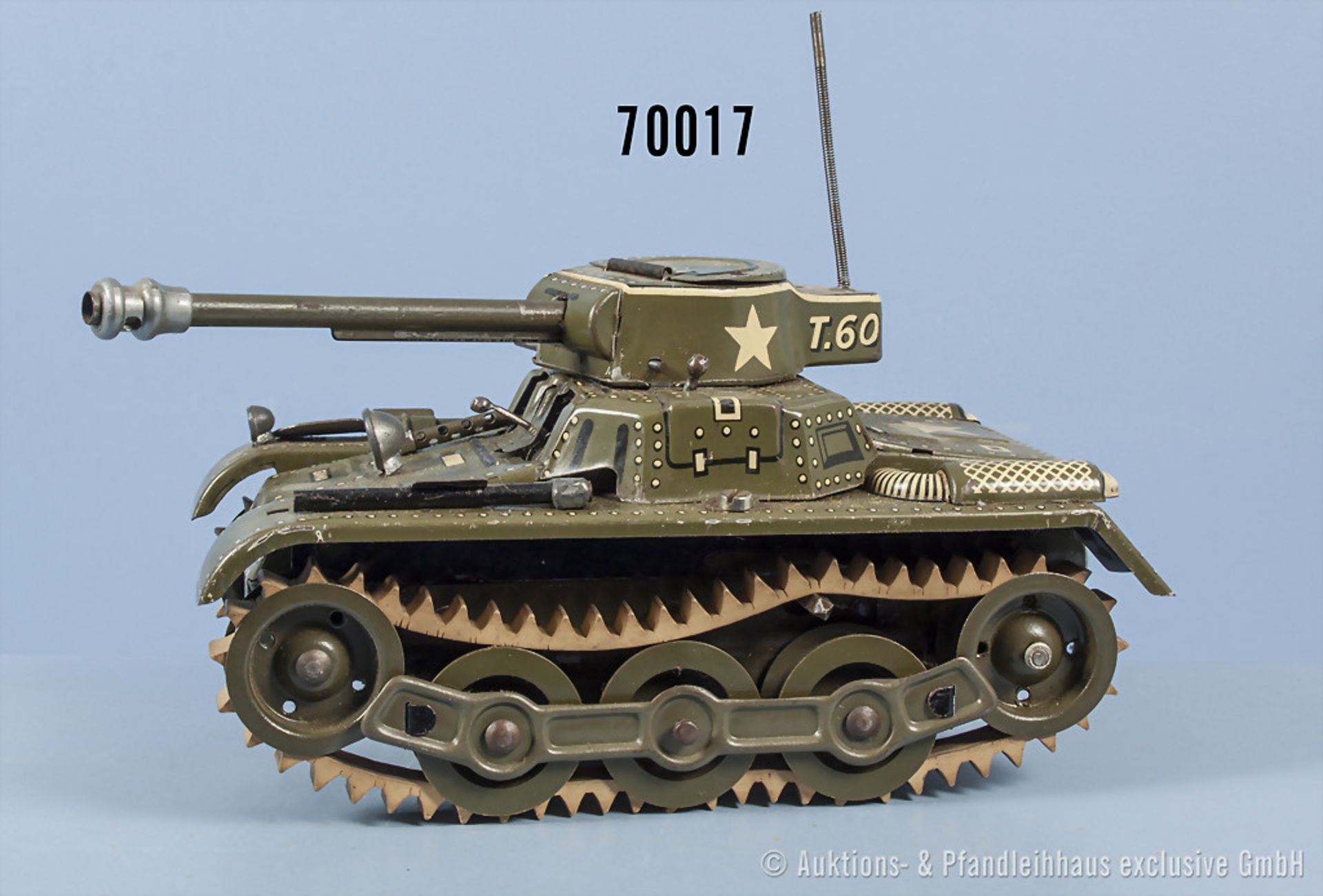 Gama Tank T.60, lith. Blechausf. mit Uhrwerkantrieb, Gummiketten, lenkbar über Handrad am Heck, 2