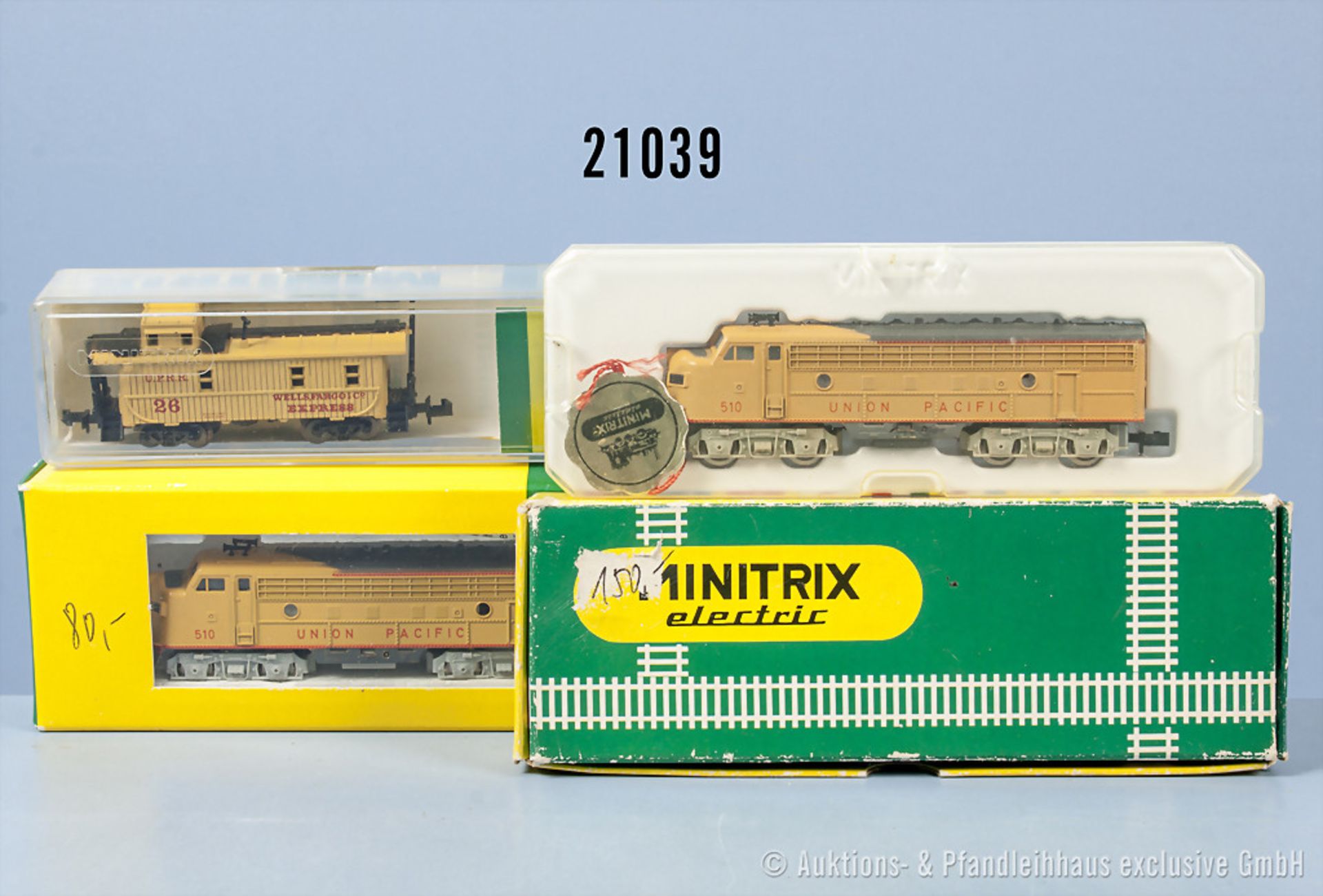 Konv. Minitrix Spur N, dabei 2 x 2961 Diesellok der "Union Pacific", BN 510 (1 x mit Antrieb, 1 x