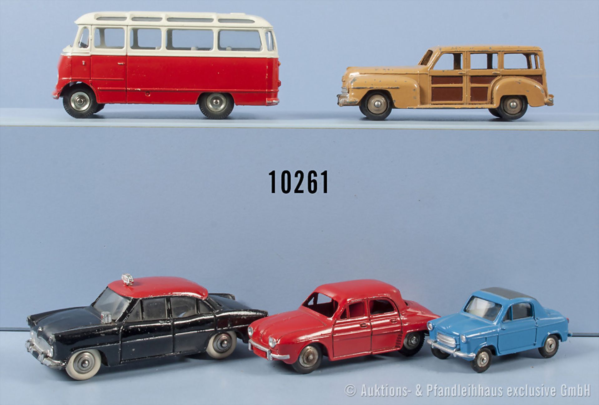 Konv. 5 Dinky Toys Modellfahrzeuge, dabei Simca Ariane Taxi, MB Bus, Vespa 2CV usw., lack.