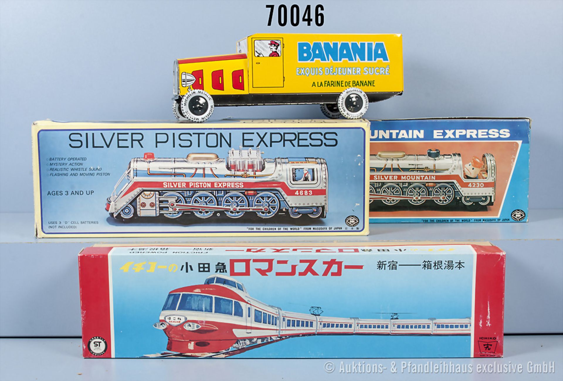 Konv. 2 Lokomotiven, "New Silver Mountain Express", "Silver Piston Express", Triebwagenkopf, lith.