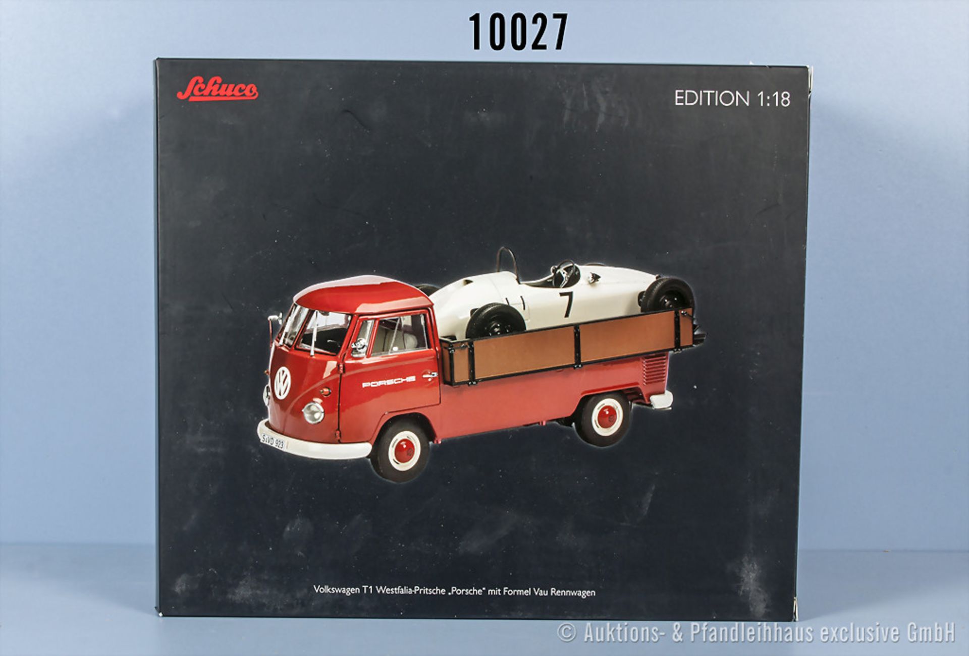 Schuco Nr. 45 003 7100 Volkswagen T1 Westfalia-Pritsche "Porsche" mit Formel Vau Rennwagen,