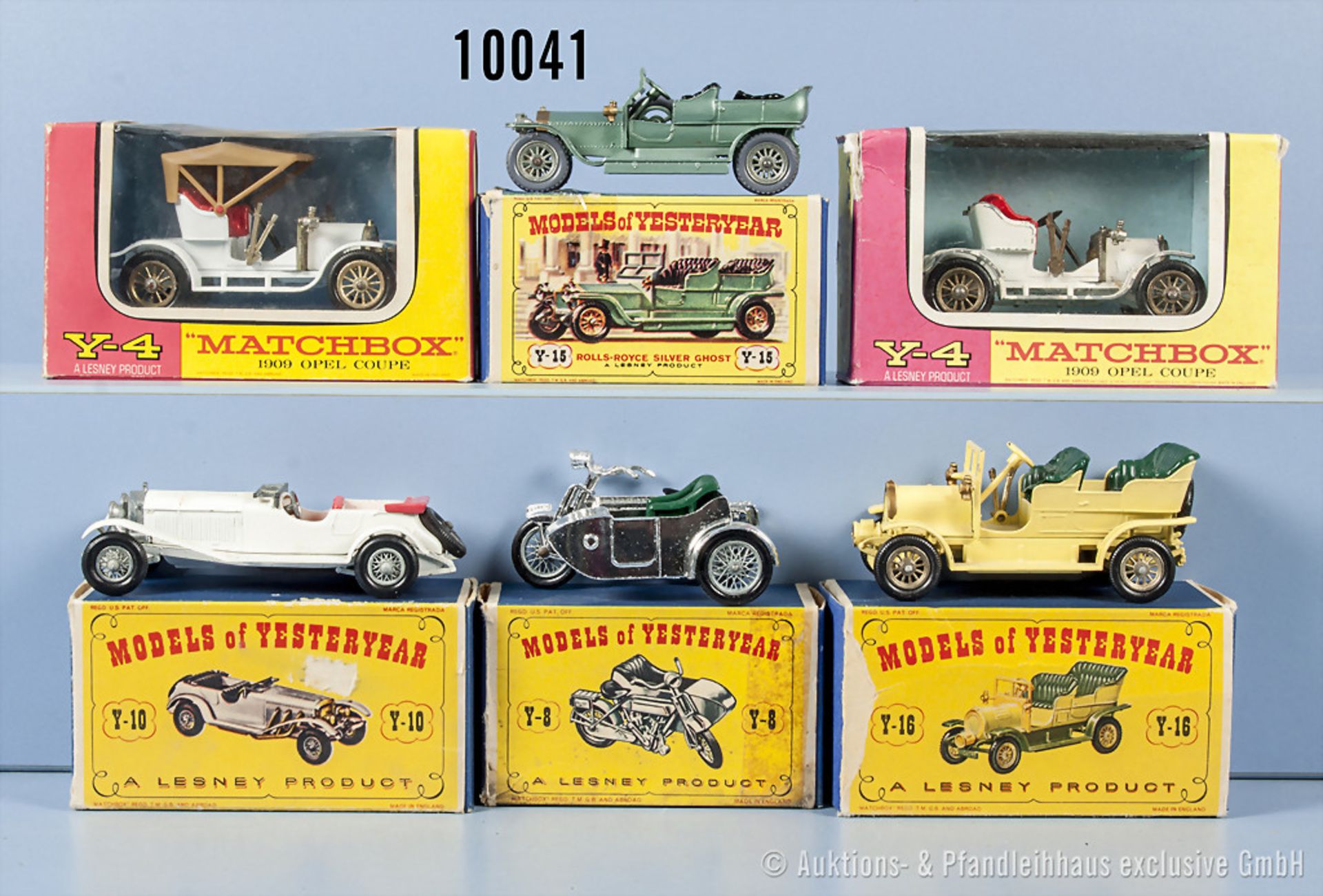 Konv. 6 Matchbox Models of Yesteryear, 2 x Y-4 (C) 1967 (1 x beschädigt, Dach fehlt), Y-8 (B)