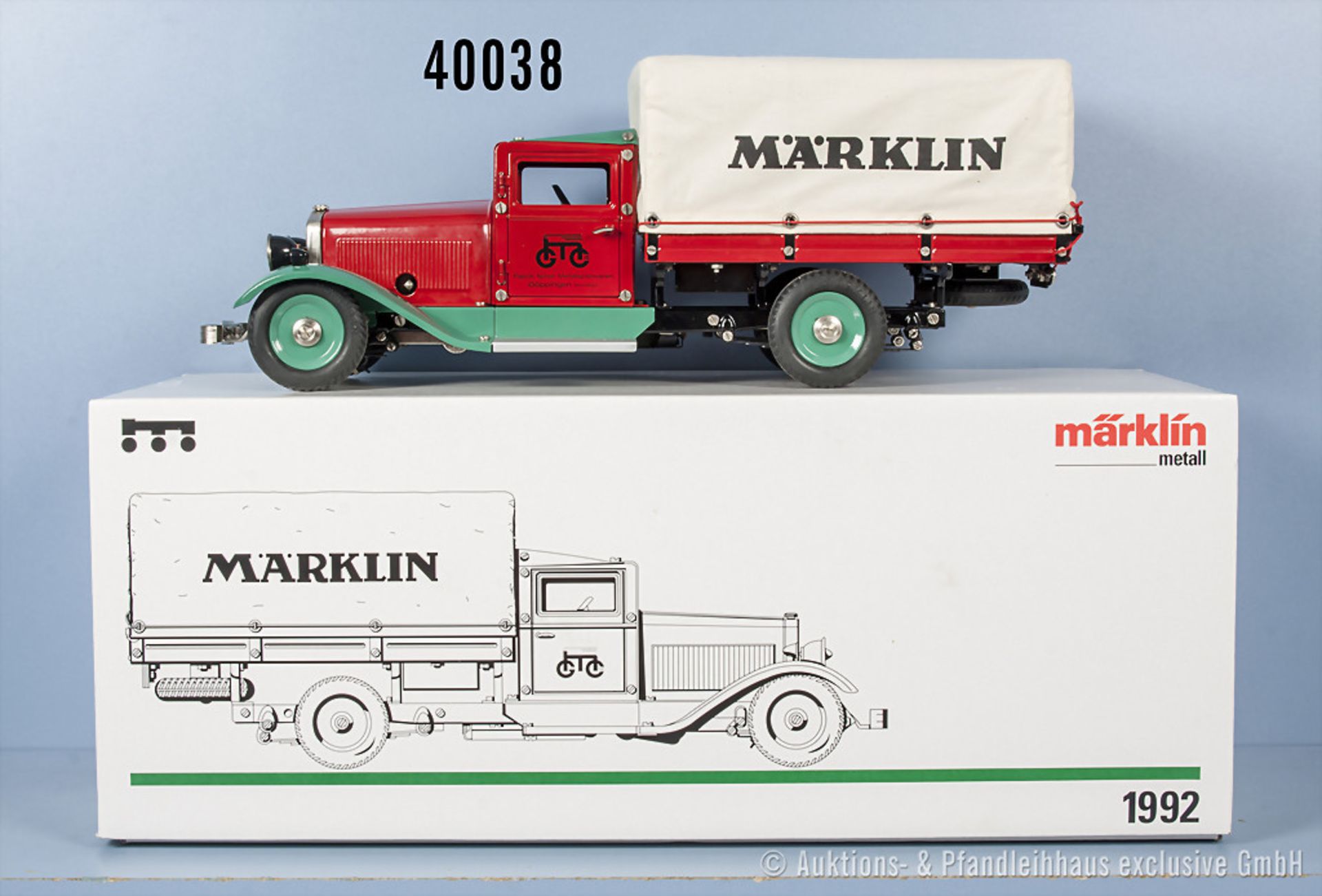 Märklin 1992 Lkw mit Stoffplane, rot/grün lackierte Blechausführung, mit verschiedenen Funktionen,