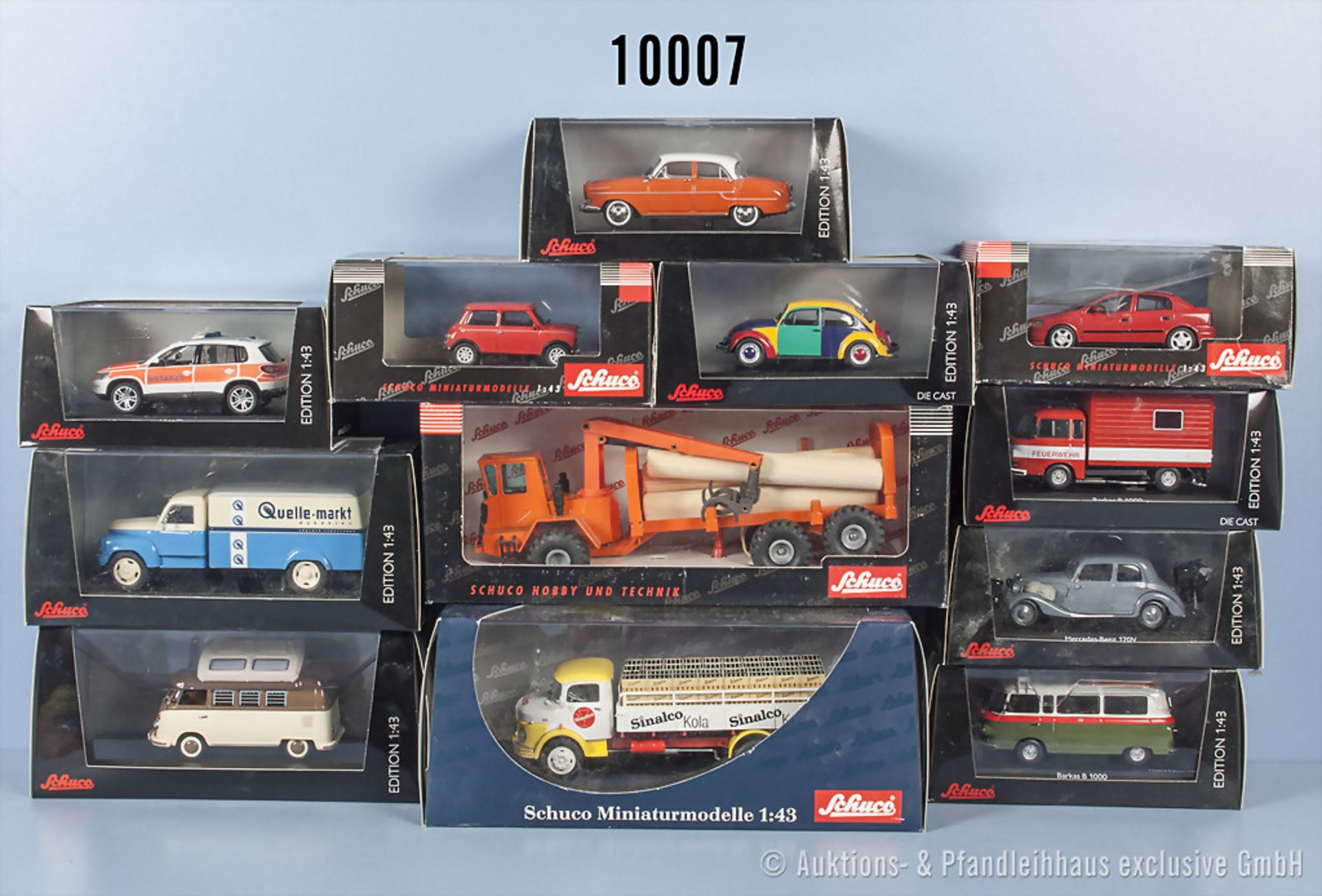 Konv. 12 Schuco Modellfahrzeuge, dabei Pkw, Oldtimer, Lkw, Einsatzfahrzeuge usw., Metallausf., M 1: