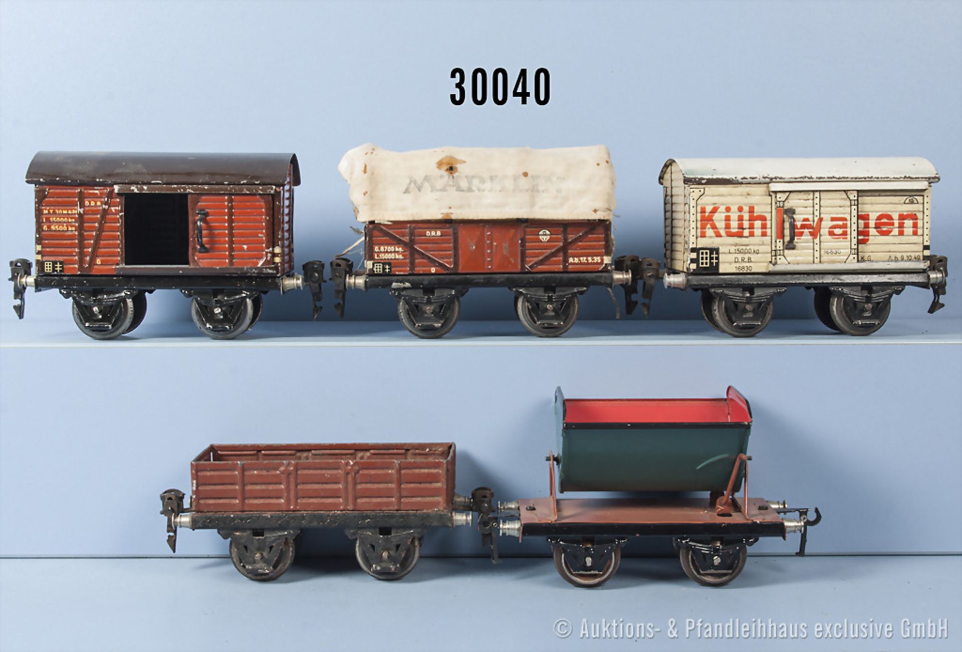 Konv. 5 Märklin Spur 0 Güterwagen, dabei 1 gedeckter Güterwagen, 1 Kühlwagen, 1 Planewagen, 1