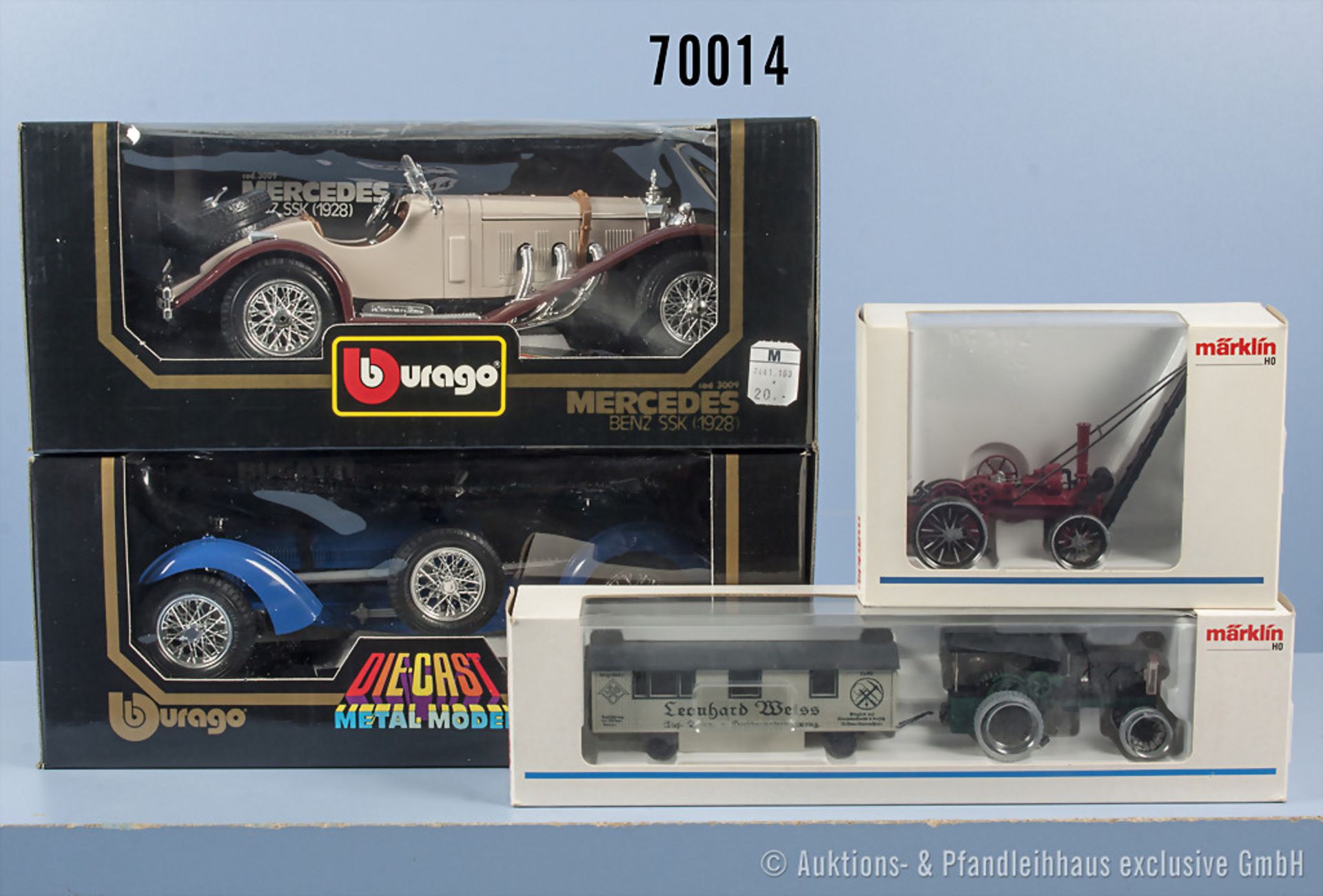 Konv. 4 Modellfahrzeuge, 2 x Bburago, Mercedes Benz SSK und Bugatti Type 59, M 1:18 sowie 2 x