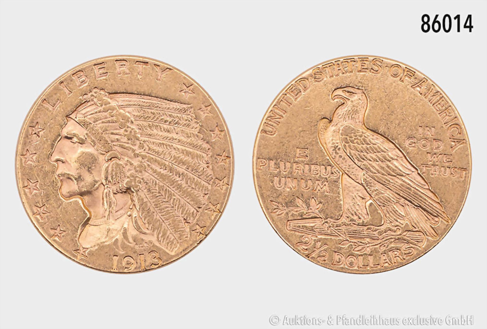 USA, 2 1/2 Dollars 1913, Philadelphia. 900er Gold. 4,17 g; 18 mm. Schön 138. Fast vorzüglich.