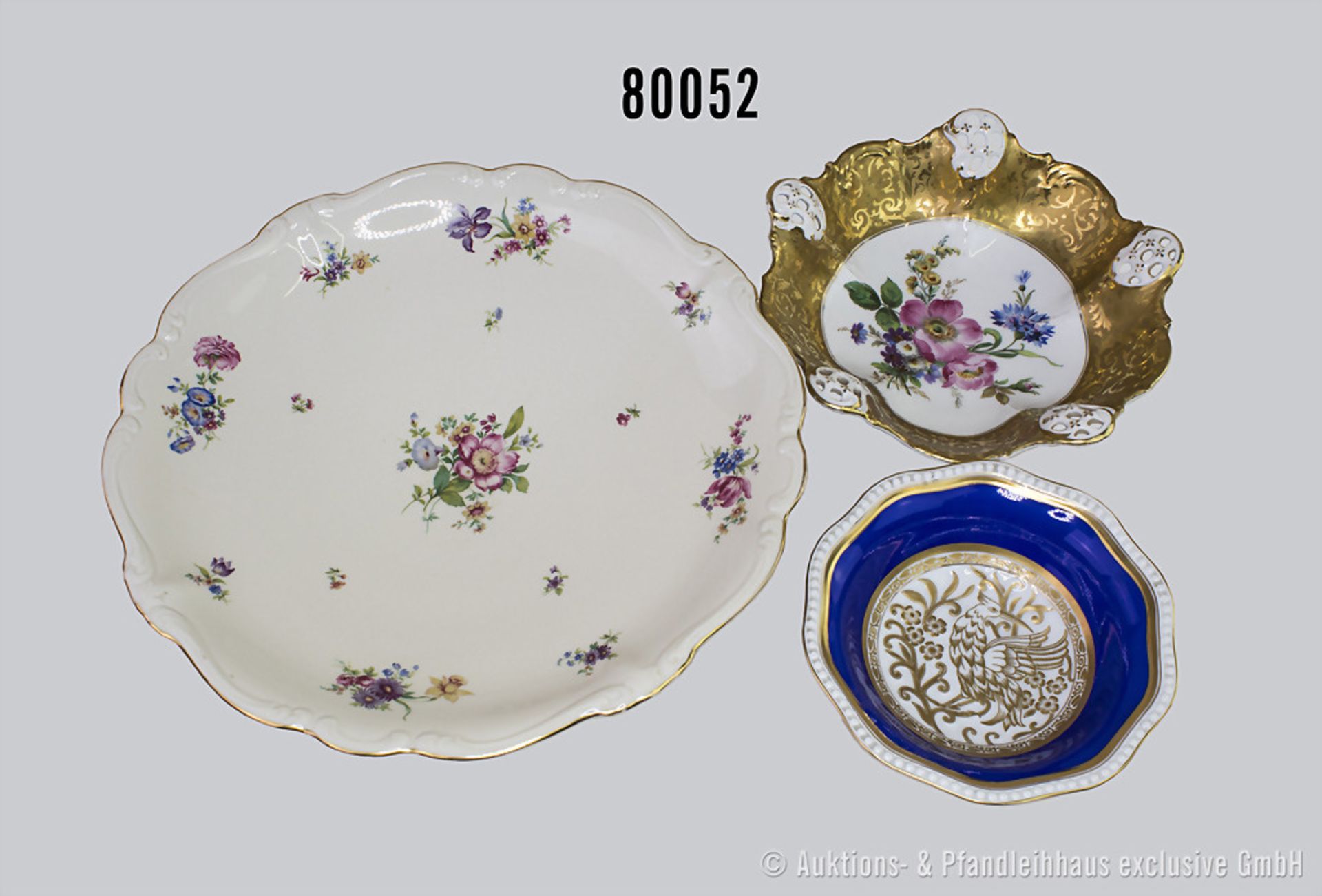 Konv. 3 Rosenthal Schalen, 1x Pompadour, Blumenmuster mit Goldrand, 1x Alt Brabant, Goldrand