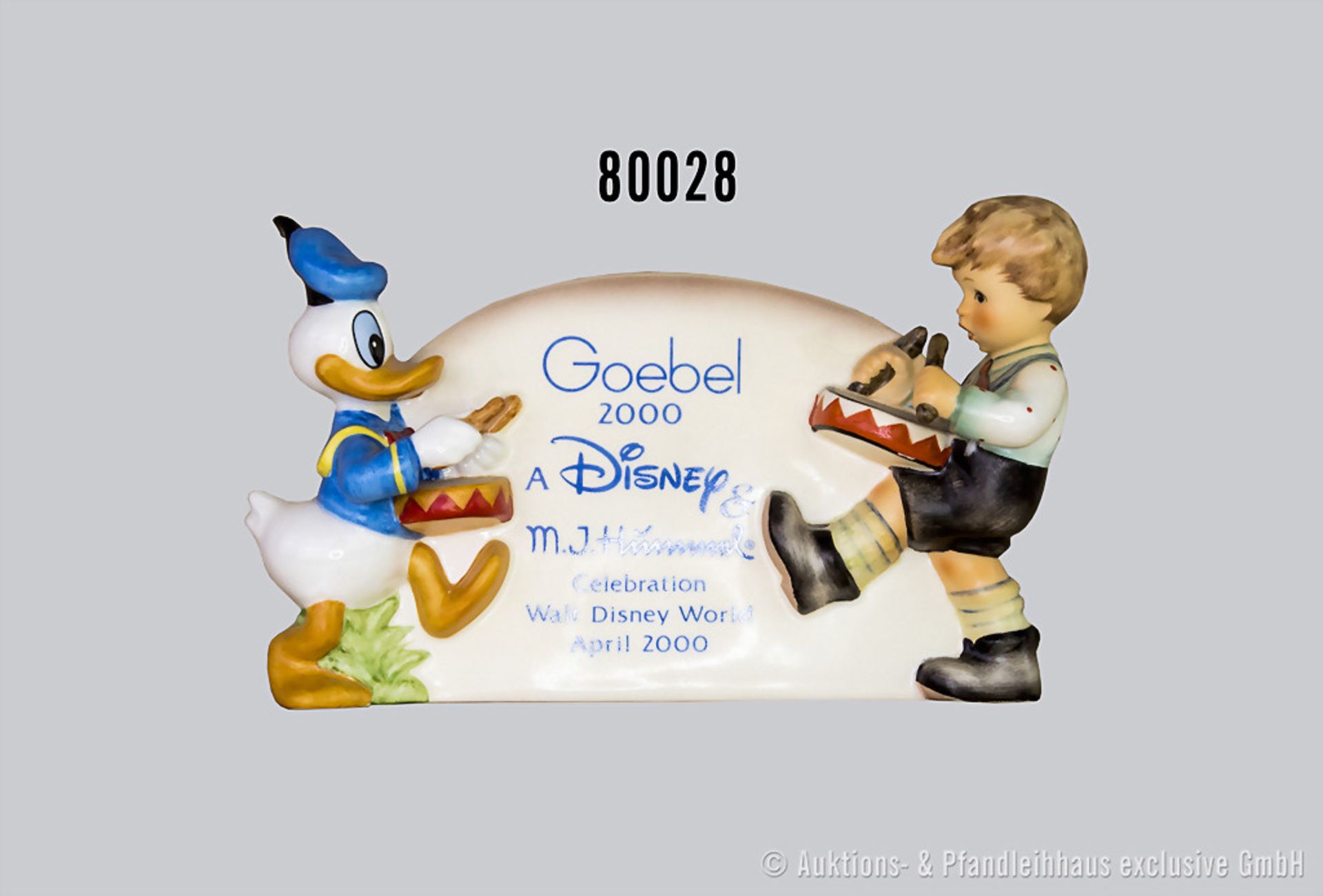 Goebel Hummel Aufsteller "Händlerschild" mit Donald Duck und Junge als Trommler, Aufschrift