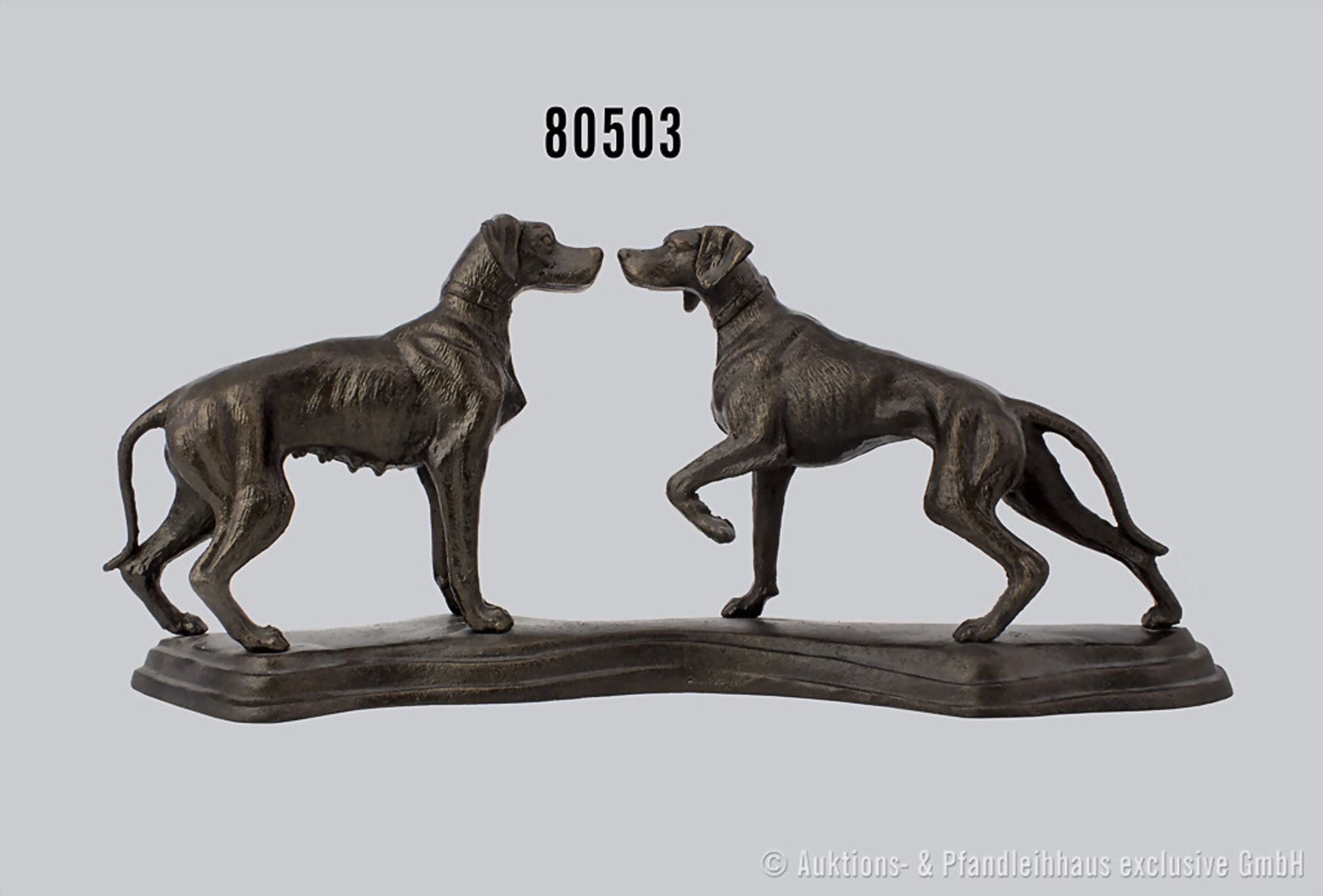 1 Paar Jagdhunde, zusammen auf Sockel, Metallgußausf., L 48 cm, H 21 cm, guter bis sehr guter