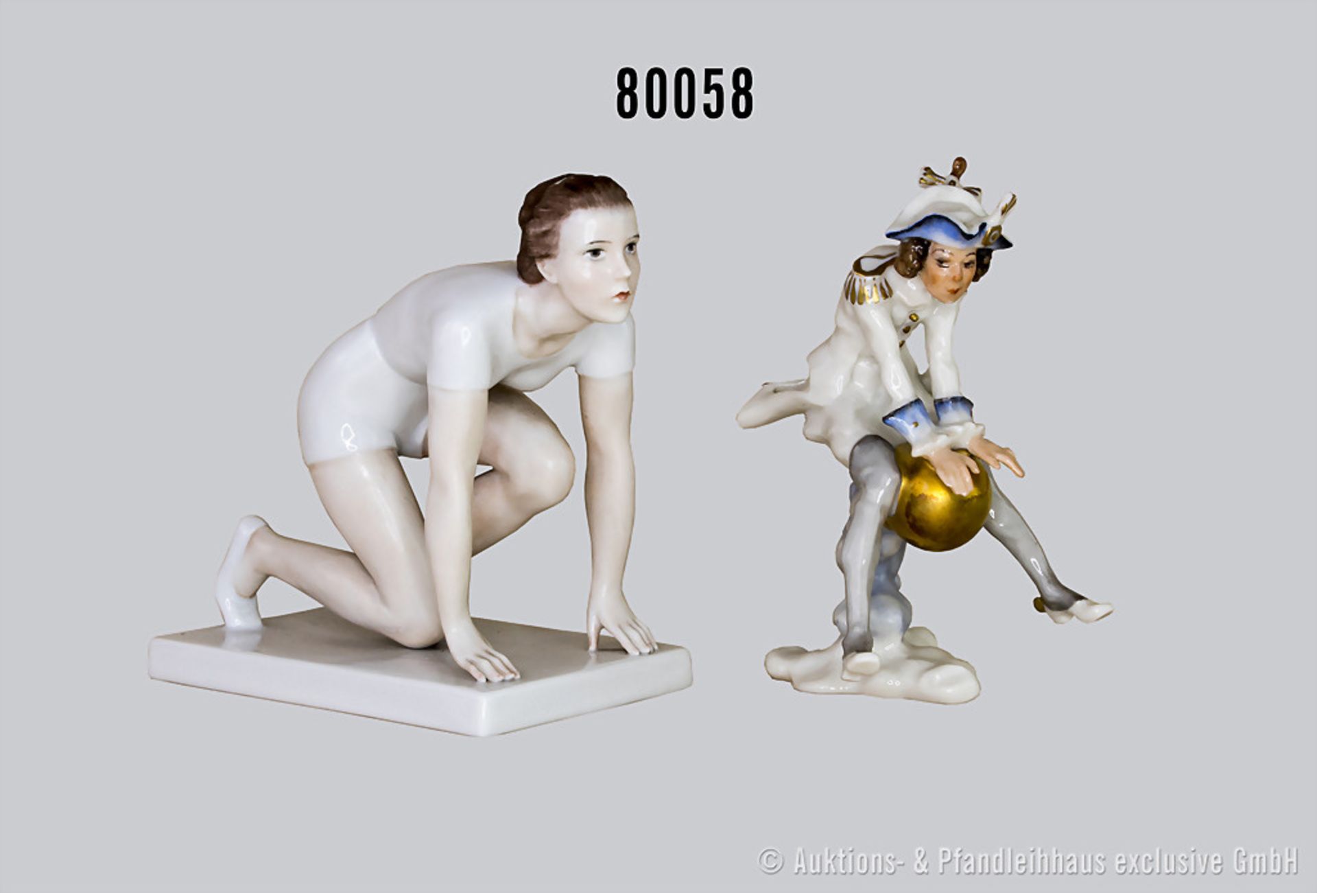 Konv. 2 Porzellan Figuren, dabei Rosenthal Läuferin, auf rechteckigem Sockel, um 1935, Nr. 835,