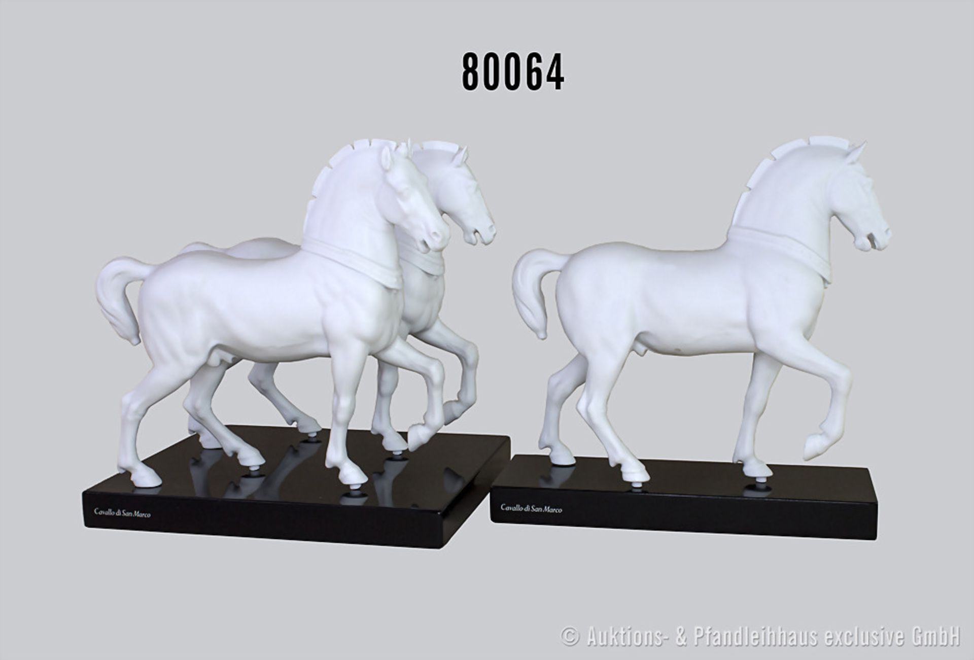 Konv. Rosenthal Porzellan, 3 weiße Pferde, mattes Porzellan, Cavallo di San Marco, auf einer