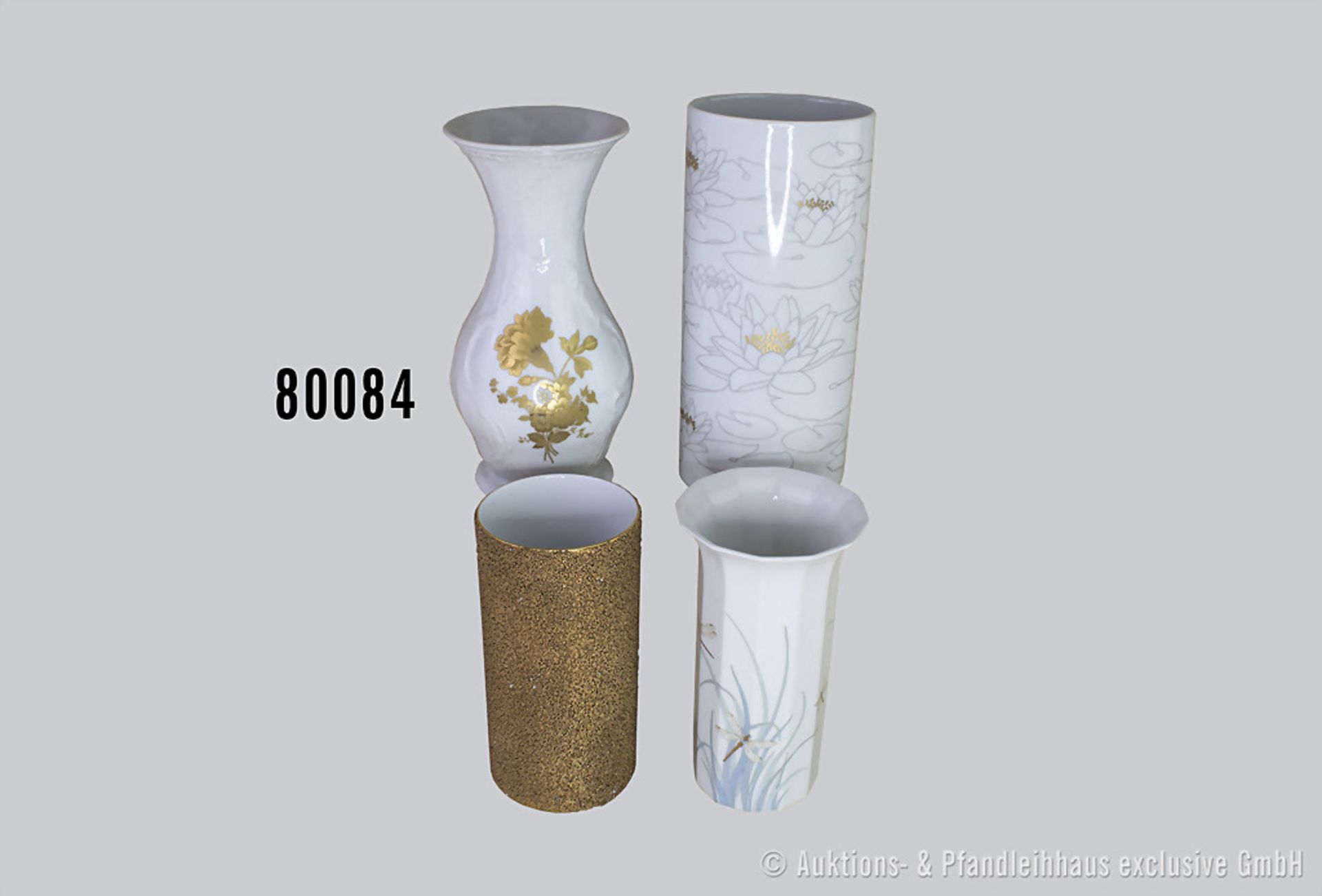 Konv. 4 Rosenthal Porzellan Vasen, versch. Formen und Dekore, teilw. in weiß/gold, u. a. Goldenes
