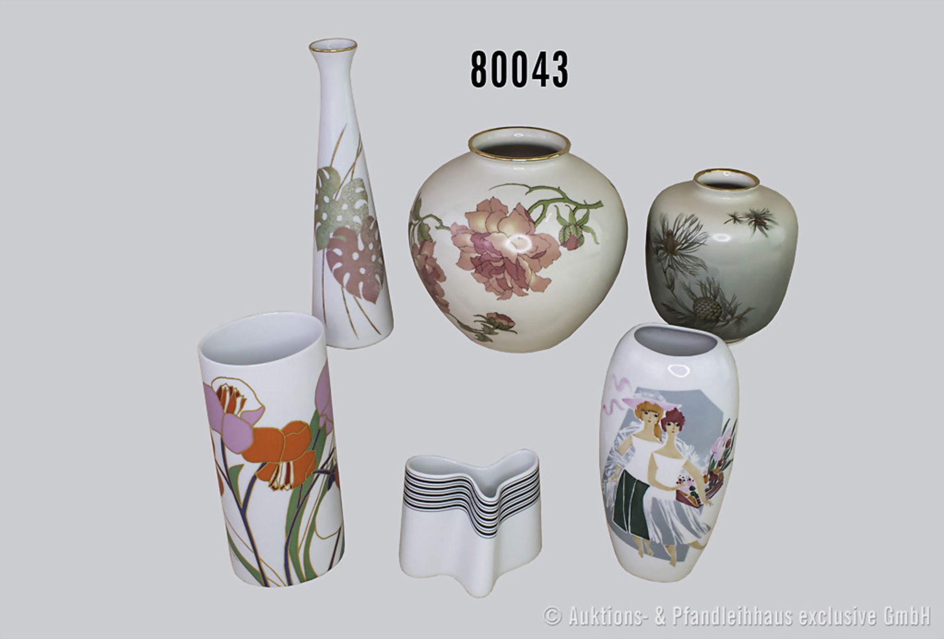 Konv. 6 Rosenthal Porzellan Vasen, verschiedene Dekore und Motive, dabei Barbara Brenner 3791/18,