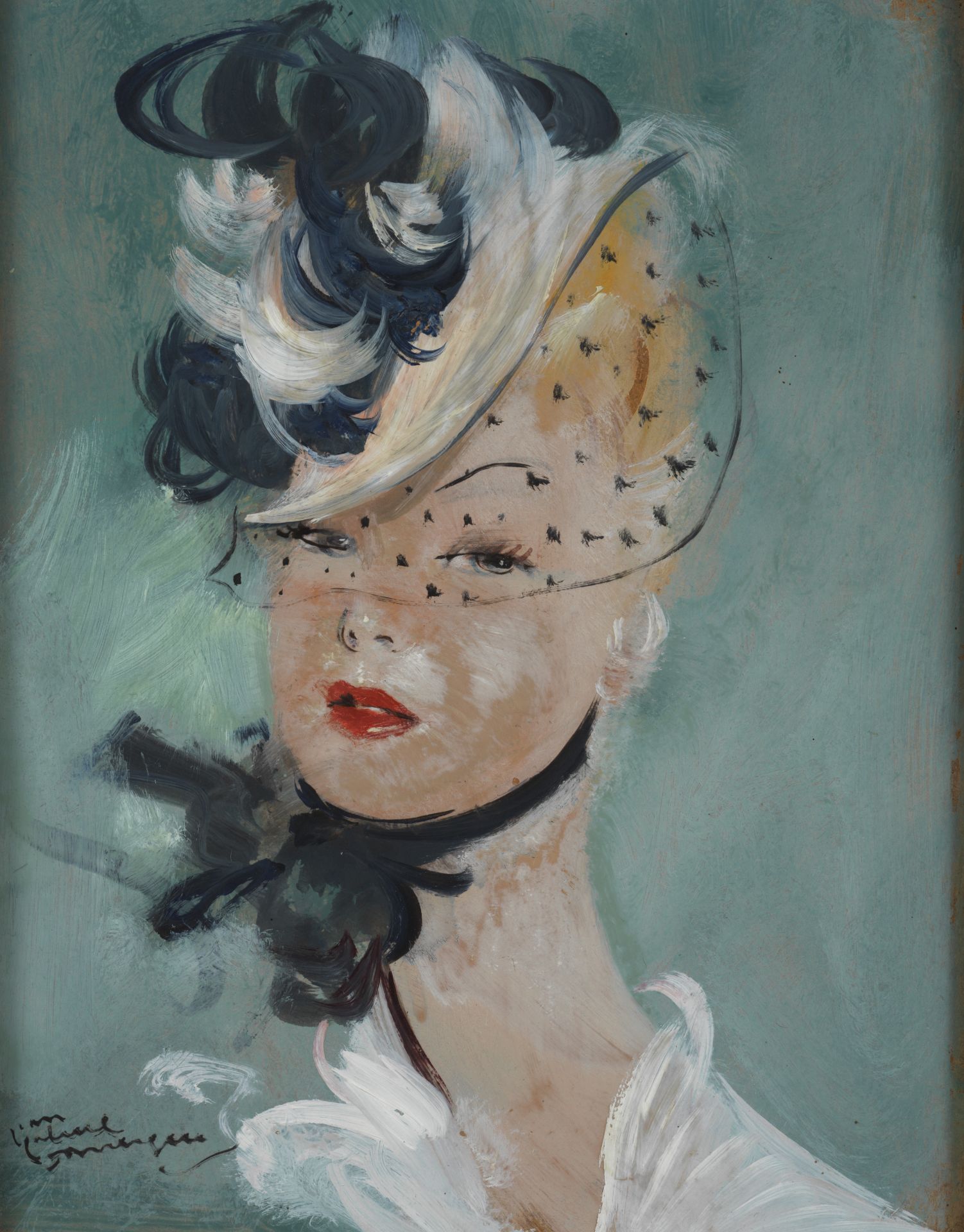 Jean Gabriel DOMERGUE (1889-1962)- Jeune femme à la voilette - Huile sur isorel [...]