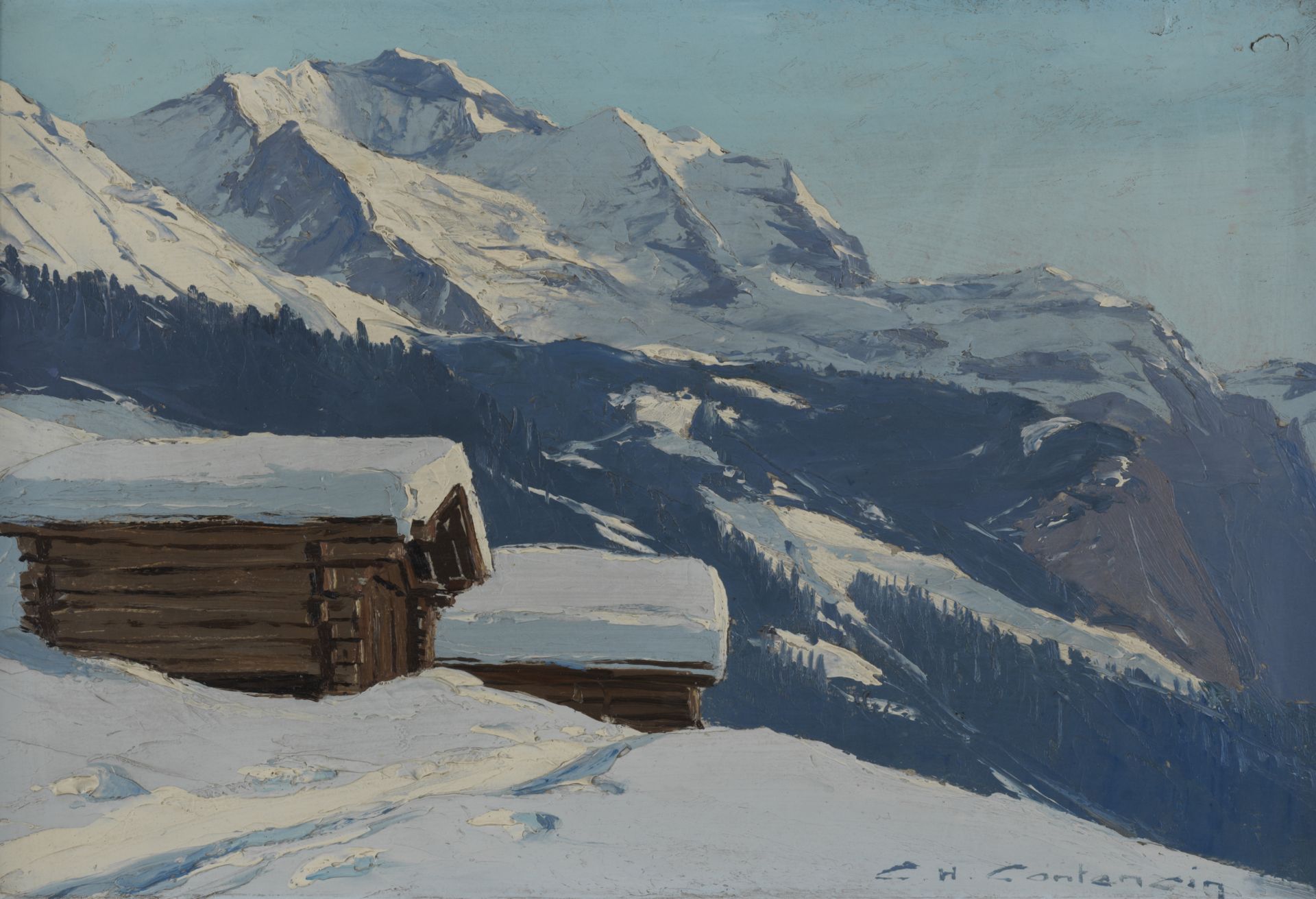Charles CONTENCIN (1898-1955) - Wengen en hiver - Huile sur carton signée en bas à [...]