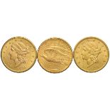 U.S.A. - 20 dollari 1895, 1904 e 1911. Lotto di 3 monete. ORO, gr. 100. -