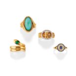 Four 18K yellow gold, diamond, sapphire, turquoise and emerald rings - Four 18K [...]