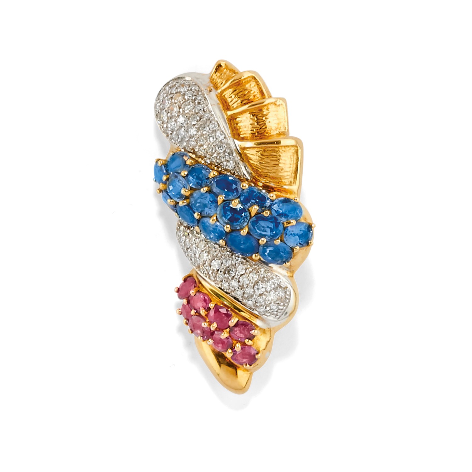 A 18k two-color gold, ruby, sapphire and diamond brooch - A 18k two-color gold, ruby, [...]