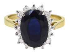 18ct gold sapphire and diamond cluster ring, sapphire total weight approx 3.30 carat, diamond