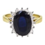 18ct gold sapphire and diamond cluster ring, sapphire total weight approx 3.30 carat, diamond