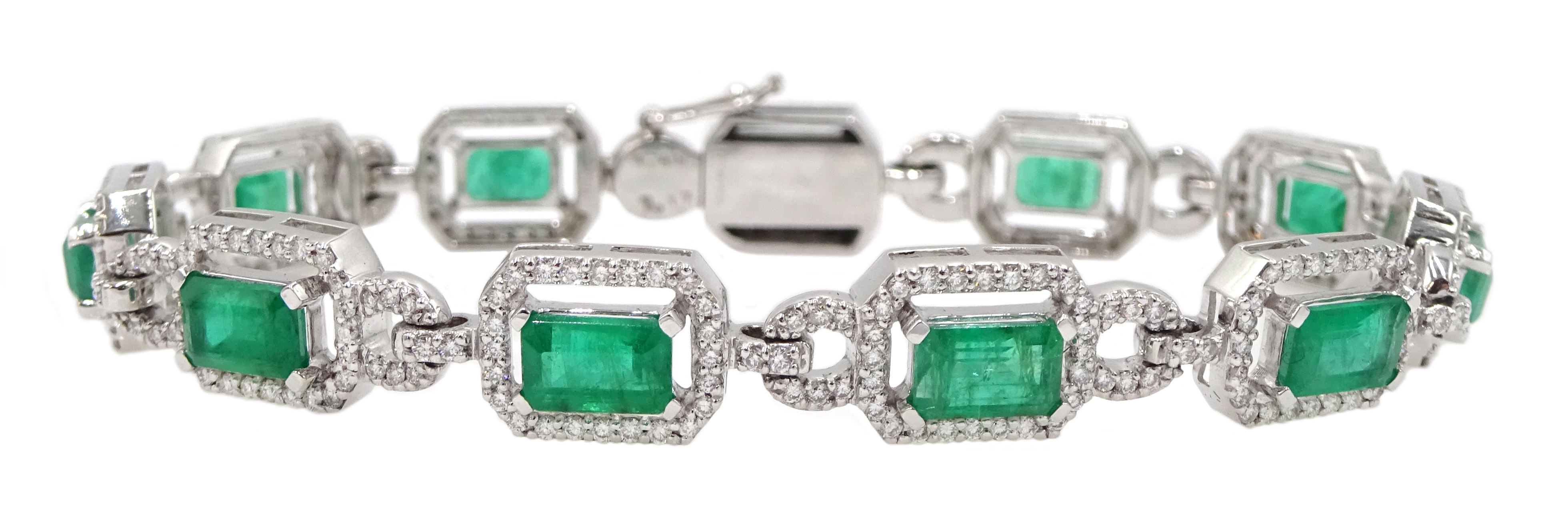 18ct white gold emerald cut emerald and round brilliant cut diamond bracelet, hallmarked, emerald t