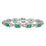 18ct white gold emerald cut emerald and round brilliant cut diamond bracelet, hallmarked, emerald t