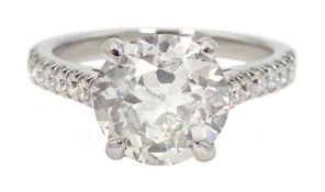 Platinum old cut diamond solitaire ring with diamond set shoulders, hallmarked, central diamond 2.1