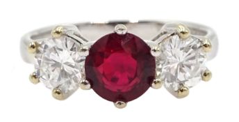 18ct white gold, untreated ruby and diamond ring, ruby total weight approx 1.20 carat, diamond tot