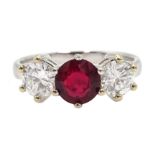 18ct white gold, untreated ruby and diamond ring, ruby total weight approx 1.20 carat, diamond tot