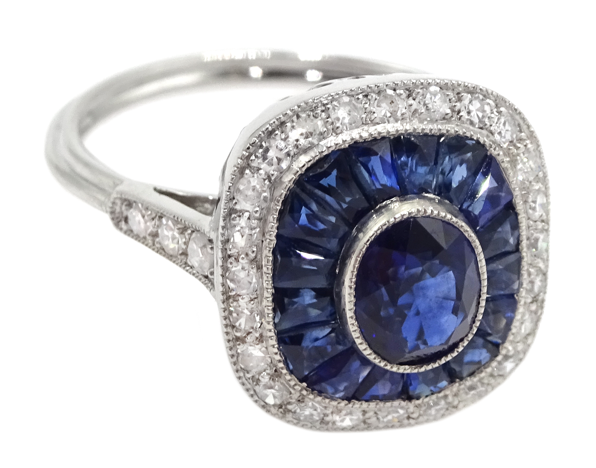 Art Deco style platinum, sapphire and diamond ring, centre oval shaped sapphire surrounded by a hal - Image 3 of 6