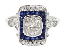 Art Deco style 18ct white gold, sapphire and diamond ring, central old cut diamond surrounded by sa