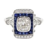 Art Deco style 18ct white gold, sapphire and diamond ring, central old cut diamond surrounded by sa