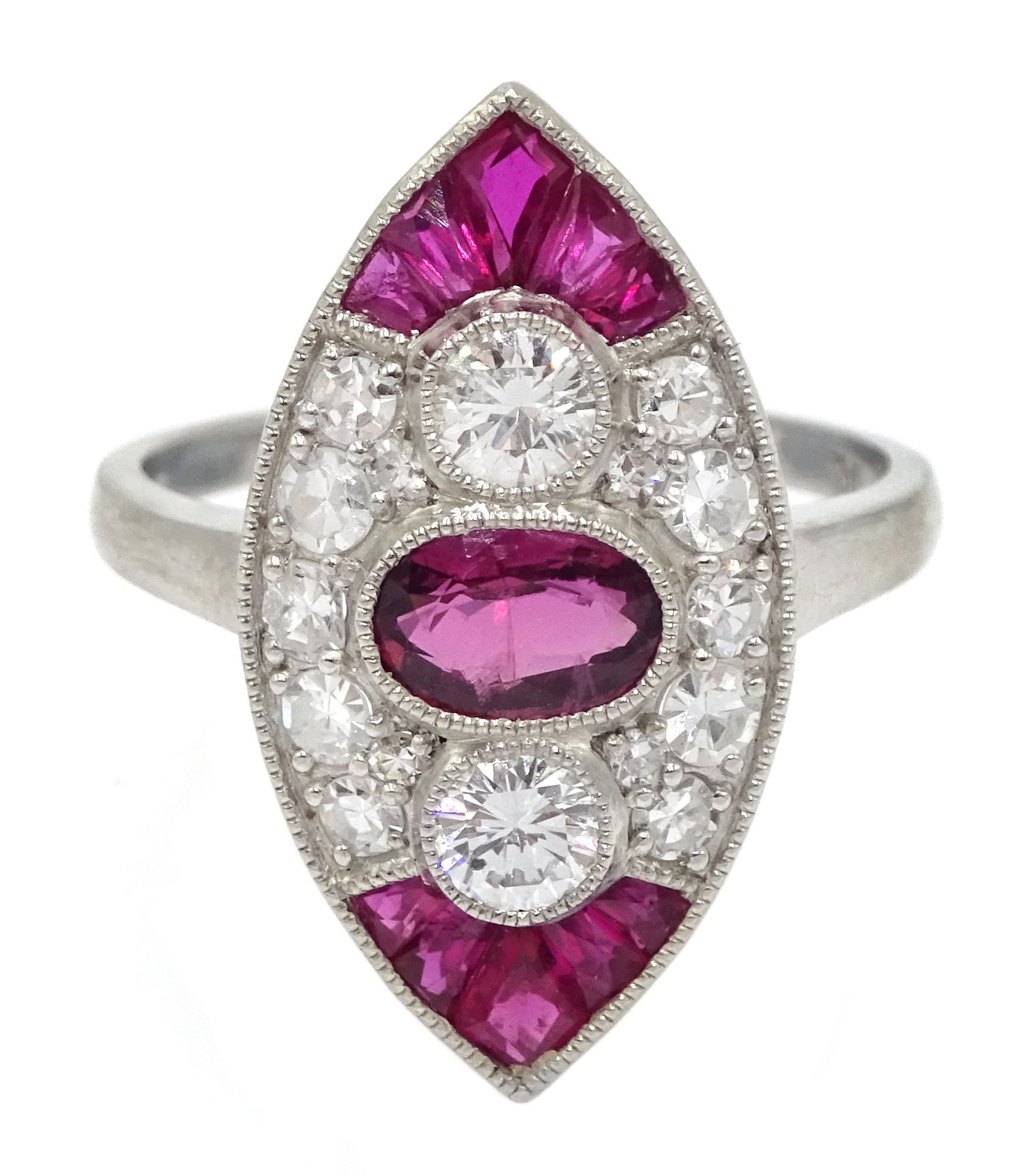 Victorian style marquise shaped platinum ring set with rubies and diamonds