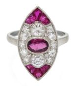 Victorian style marquise shaped platinum ring set with rubies and diamonds