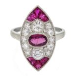 Victorian style marquise shaped platinum ring set with rubies and diamonds